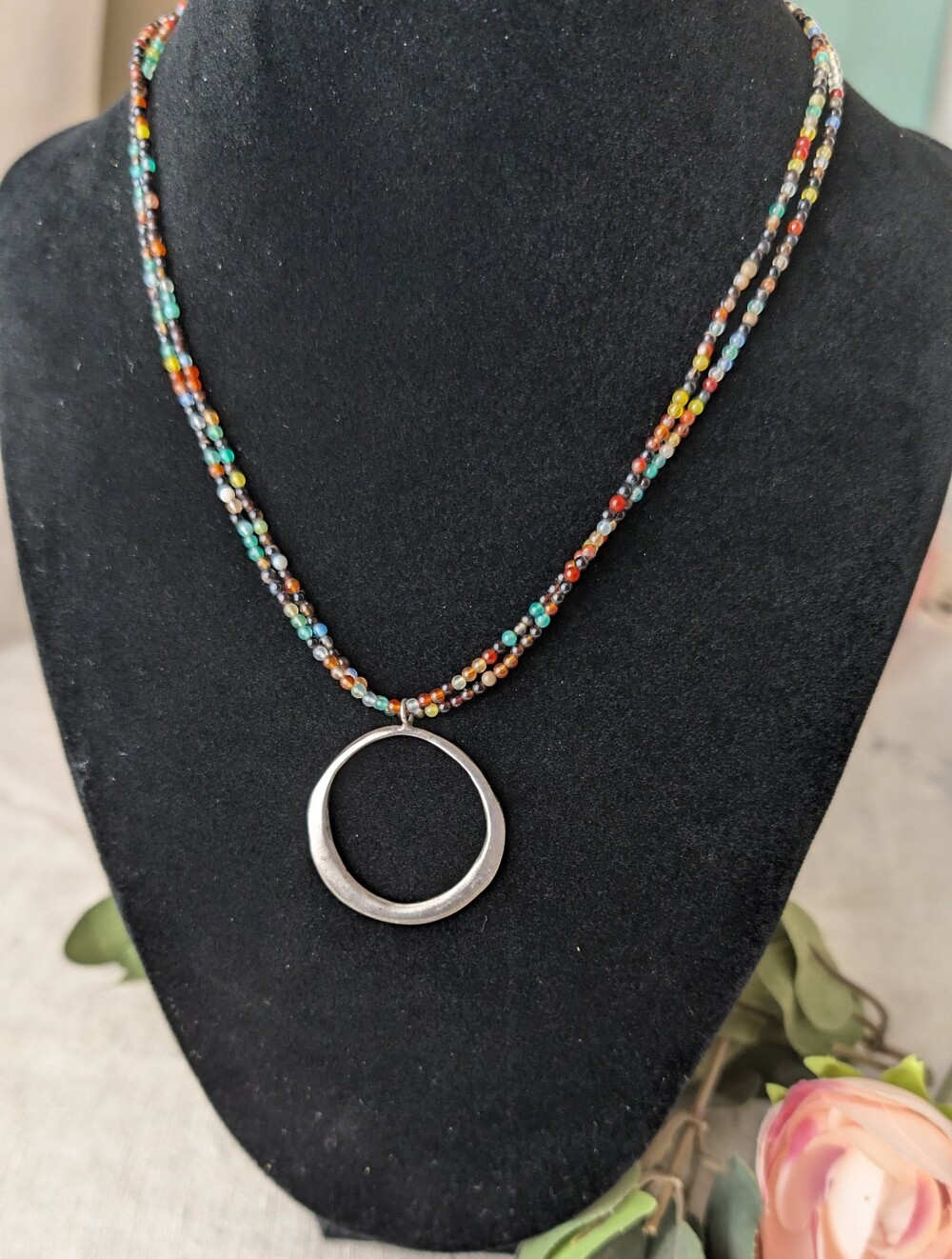 925 Sterling Silver Circle Pendant Necklace Double Strand Multicolor Seed Bead